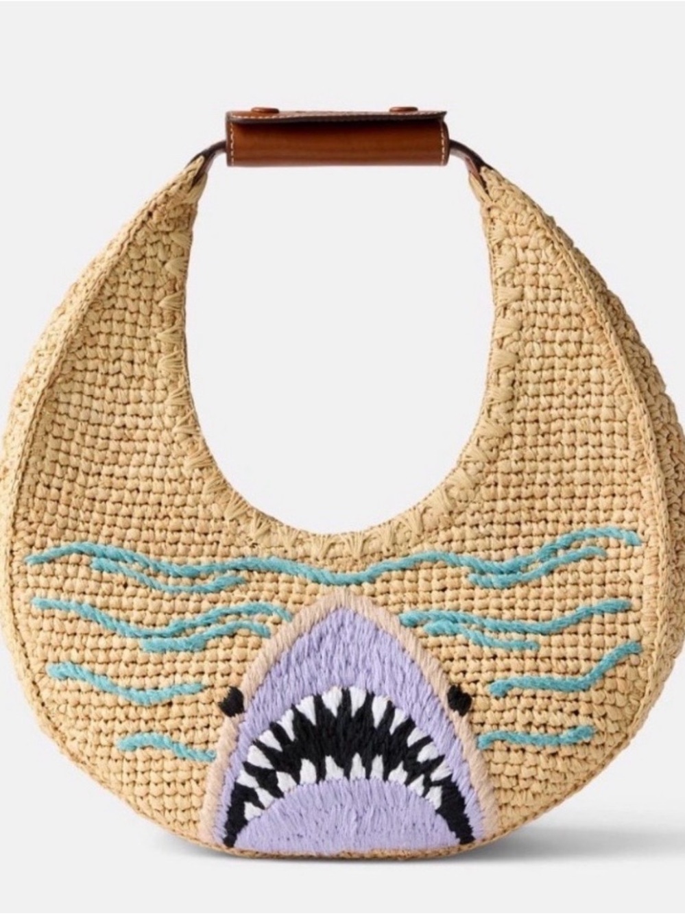 STAUD women’s Crescent Straw Bag with Shark Embroidery - Natural, Purple, Aqua